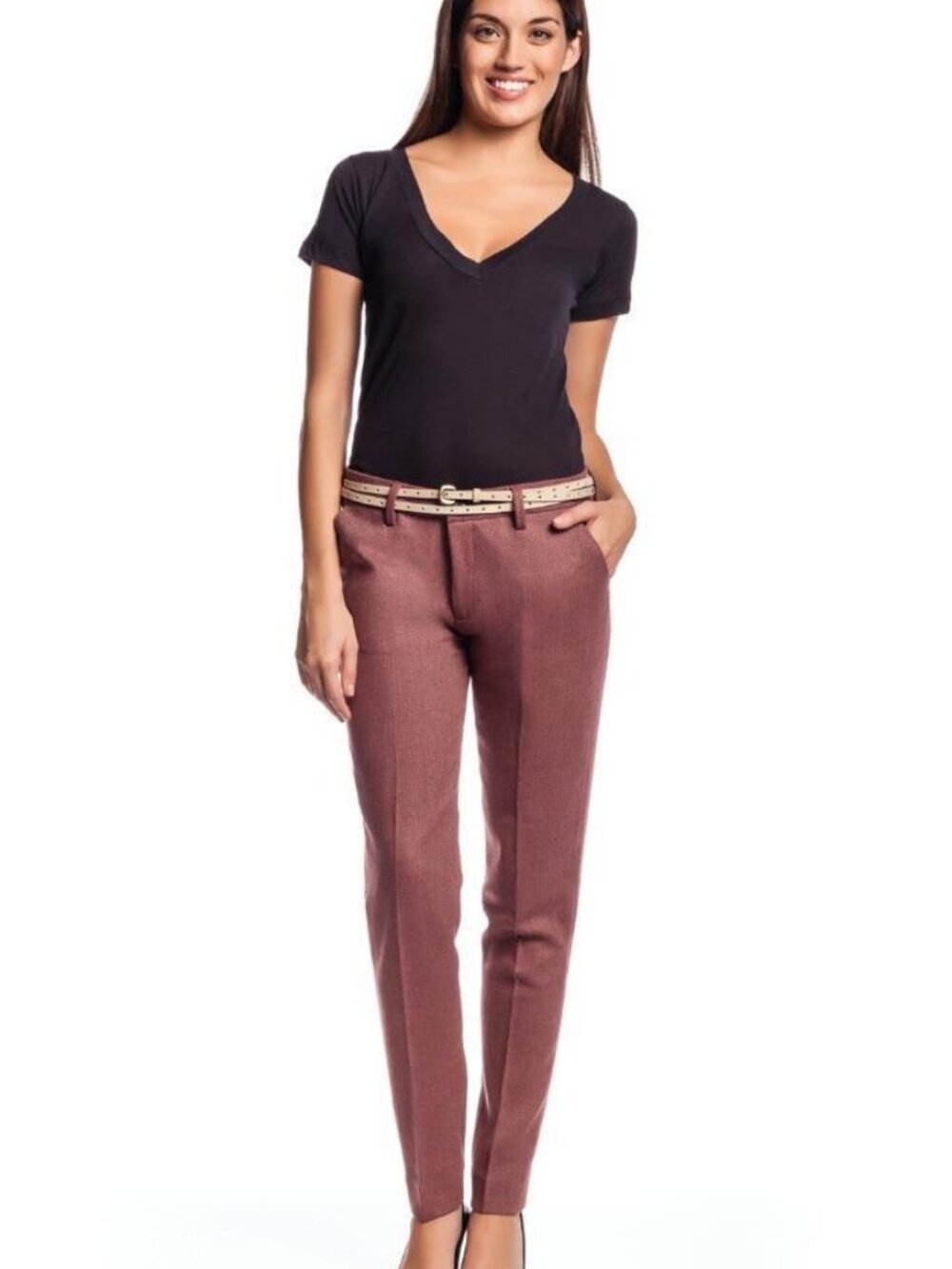 NOTIFY Dionae Trousers Red Capri Pants WTW922 Herringbone Maroon Slacks Slim NEW